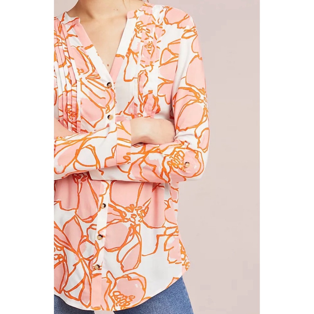 Anthropologie Maeve Pintucked Floral Buttondown Print Peasant Blouse Boho Size S - Picture 2 of 9